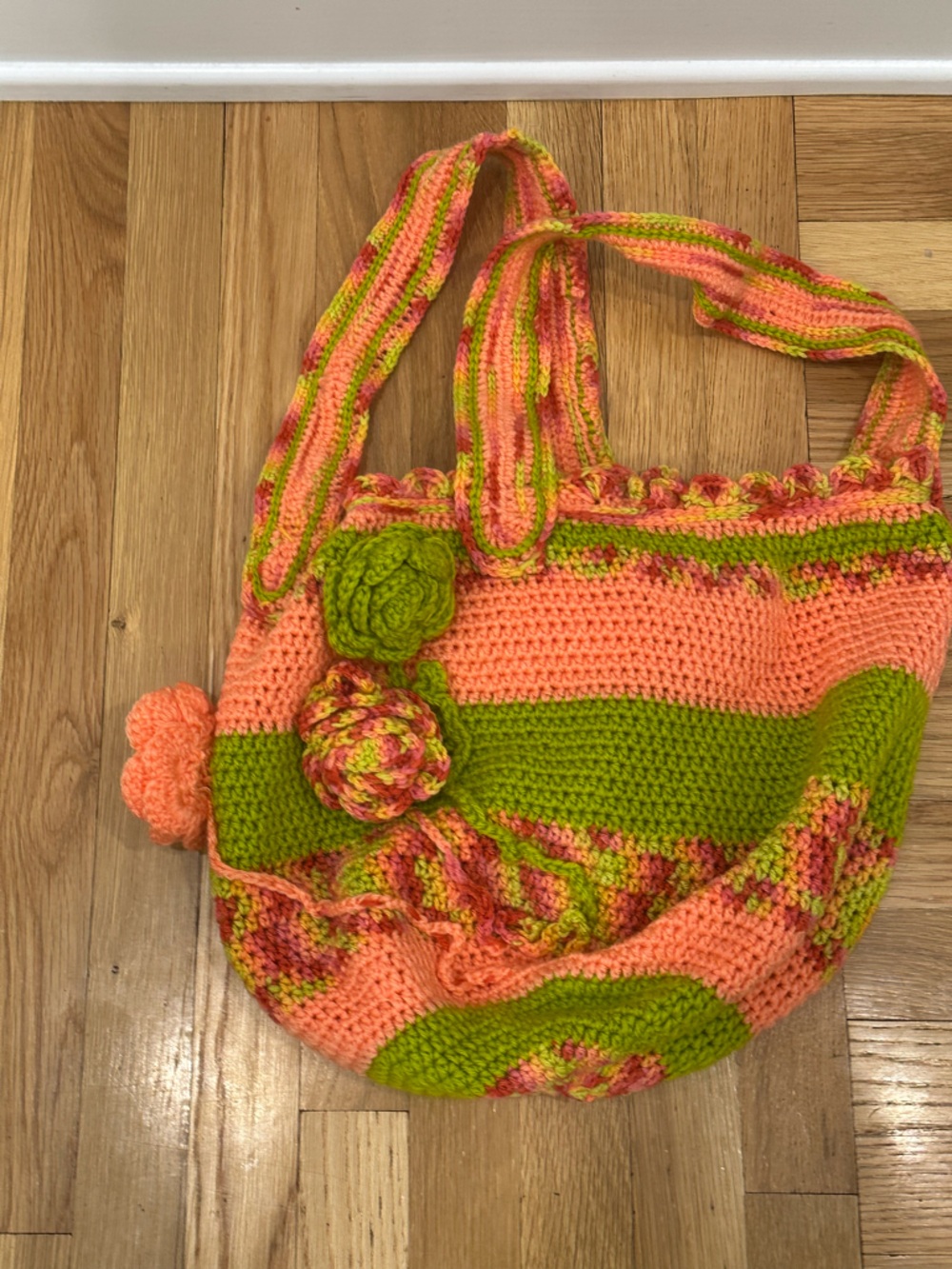 Handmade Crochet Floral Tote Bag in Peach & Lime Boho Coastal Grandma - Picture 6 of 7